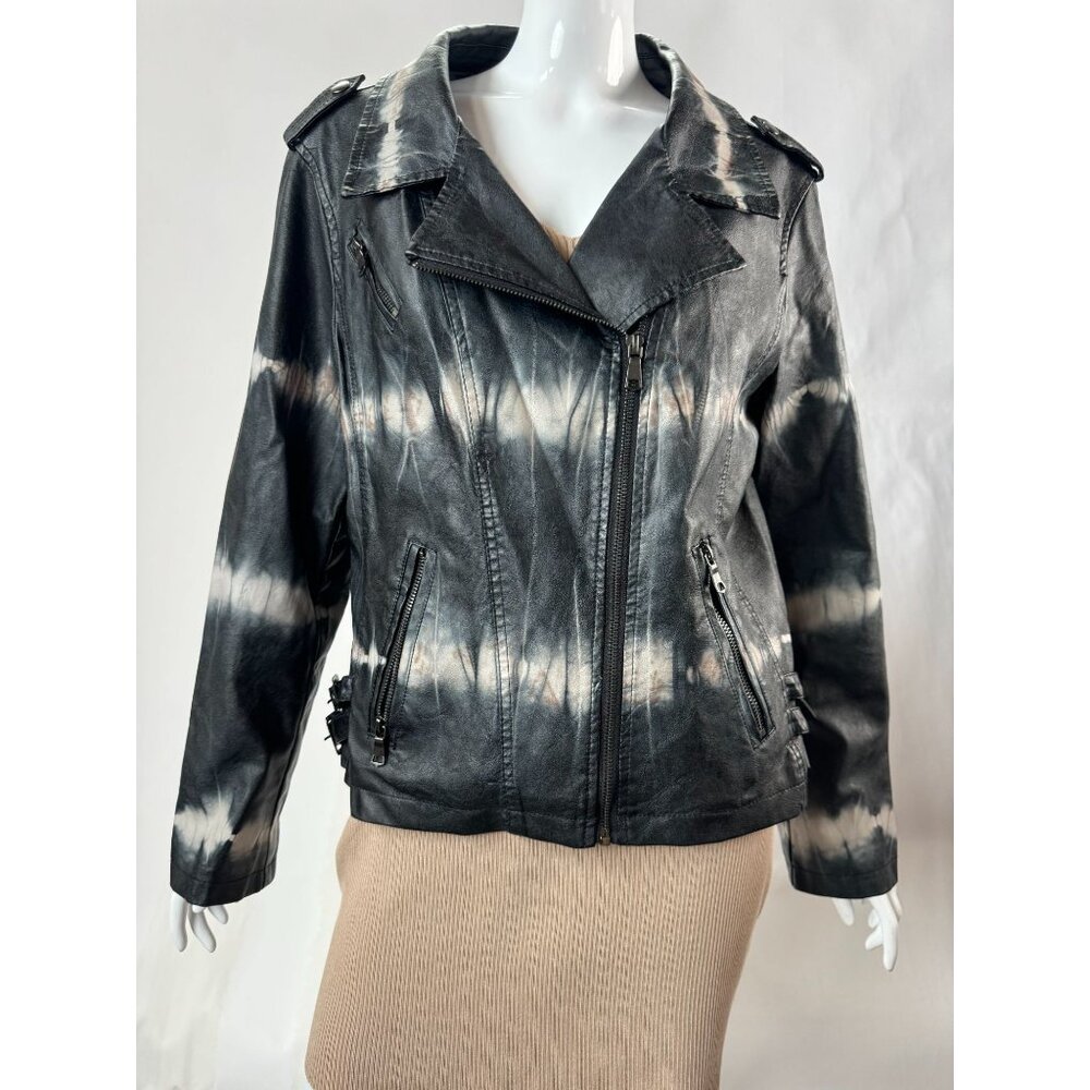 Brandon Thomas Womens Tie-Dye Black Faux Leather Jacket L Polyester & Viscose Li